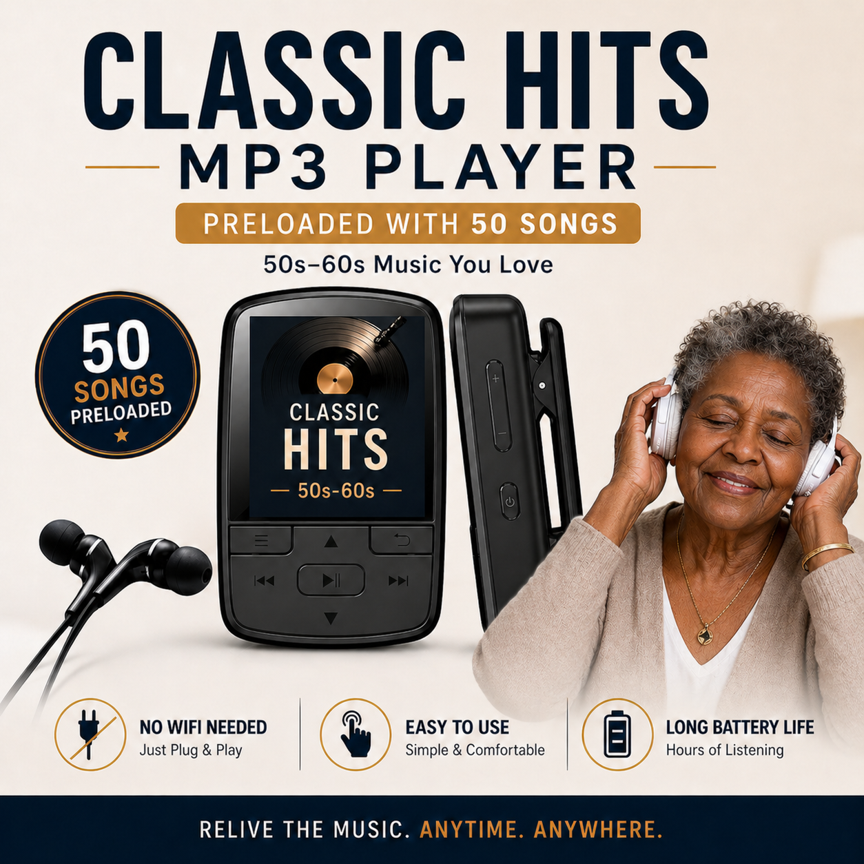 Classic Hits MP3 Player for Seniors – 50 Preloaded Songs (50s–60s), Easy Use, No WiFi