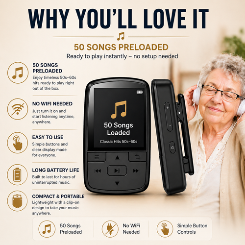 Classic Hits MP3 Player for Seniors – 50 Preloaded Songs (50s–60s), Easy Use, No WiFi