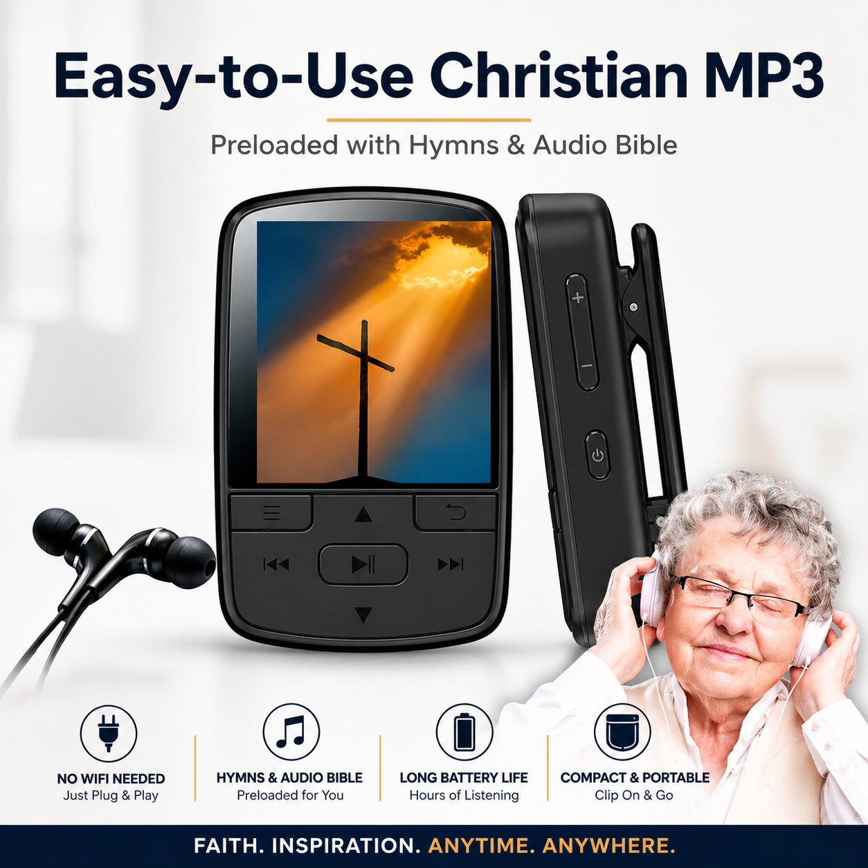 Christian MP3 Player for Seniors – Preloaded Audio Bible & Hymns, Easy to Use